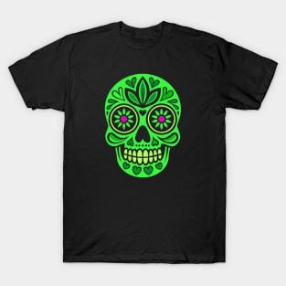 Neon green mexican skull, dia de los muertos T-Shirt